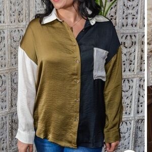 NWT MIOU MUSE SATIN COLORBLOCK OVERSIZED BLOUSE S ANTHROPOLOGIE